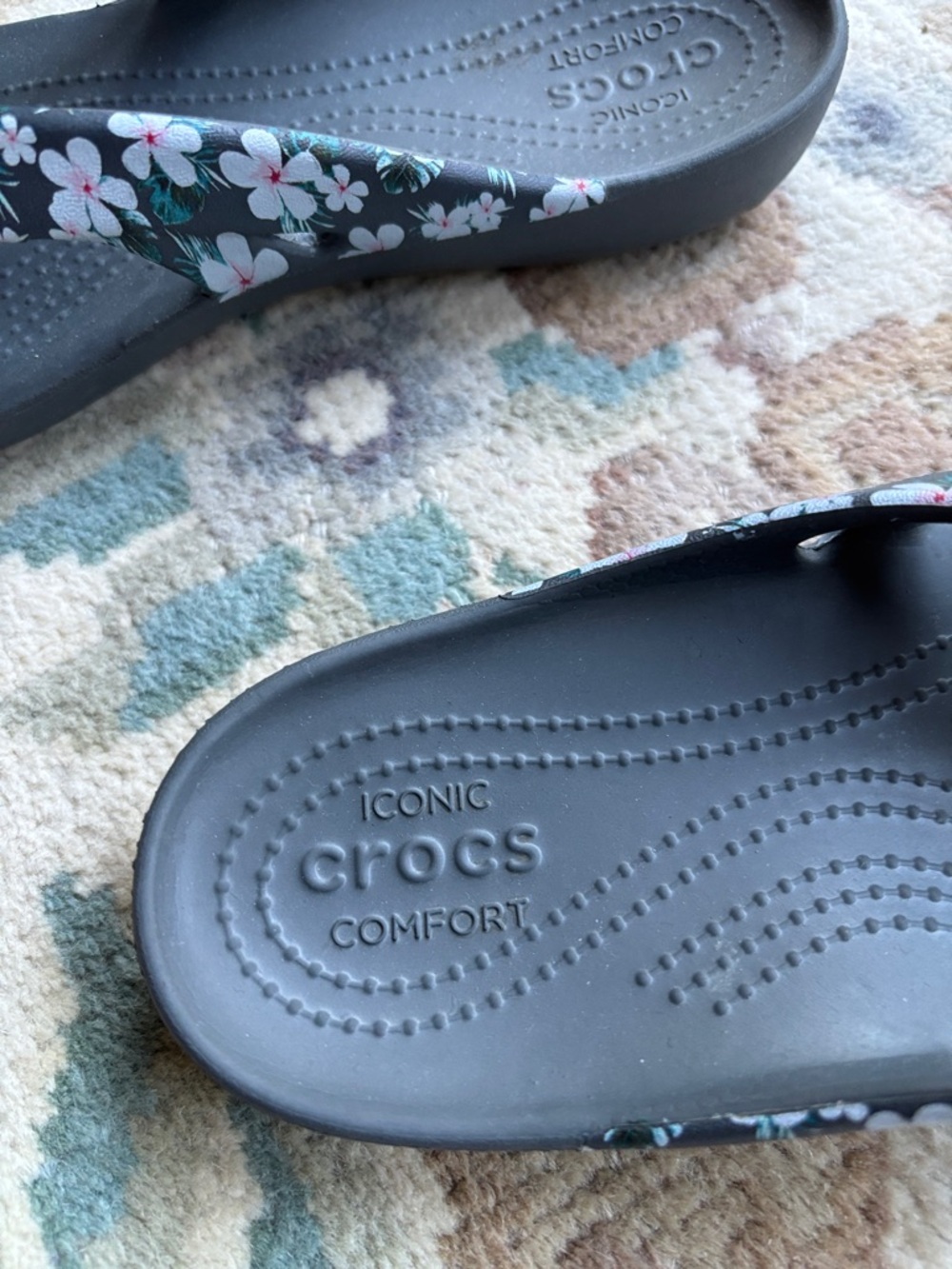 CROCS Gray Flip Flops with Pink Floral Straps - Picture 2 of 5